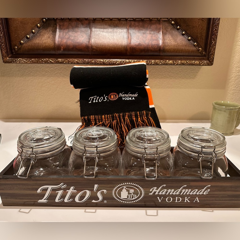 TITO’S VODKA scarf, mason jars, wooden tray for bar or kitchen!!